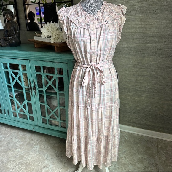 Adelyn Rae Pink Plaid Ruffle Midi Dress Sleeveless Tiered, Size Small - Picture 2 of 13